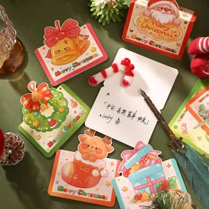 Detail view of cartoon 3D Christmas greeting cards with festive patterns