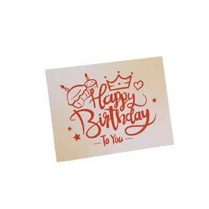 Elegant Happy Birthday greeting card with red artistic lettering and cute illustrations