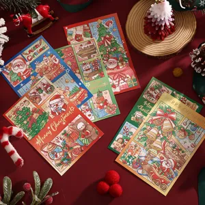 Detailed view of festive gold-stamped Christmas greeting cards with cartoon illustrations.