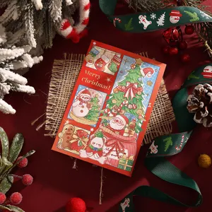 Detailed view of a red Christmas card with festive Santa and tree illustrations