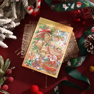 Detail of festive Christmas card with gold foil lettering and Santa illustration.