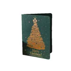 Carte de Noël vintage verte élégante avec sapin en feuille d'or et message de vœux