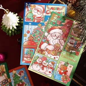 Set of cartoon Christmas greeting cards with elegant gold foil Merry Christmas text.