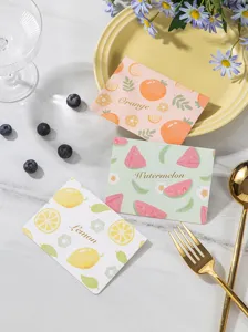 Set of cute fruit-themed greeting cards with gold-stamped Orange, Lemon, and Watermelon.