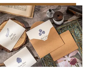 Set of vintage kraft paper greeting cards and envelopes with nature-inspired motifs