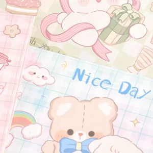 Vista detallada de ilustraciones de osos y conejos de dibujos animados en tarjetas rosa