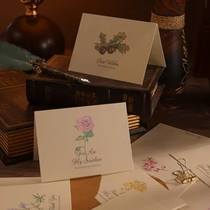 Vintage-style floral folding greeting cards with 'Best Wishes' text in a warm setting