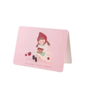 Linda tarjeta de felicitación rosa con niña y conejo para mensajes DIY