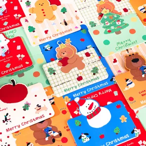 Detailed macro view of vintage Christmas greeting cards with cartoon characters