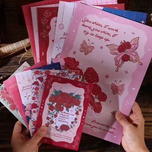 Detail of vintage oil painting style letter paper set with rose and butterfly patterns