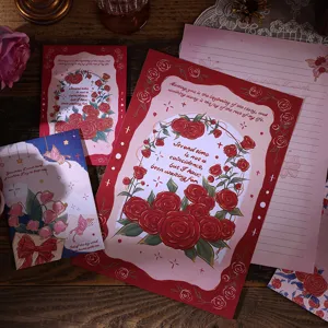 Detailed view of vintage oil painting style rose floral stationery set with romantic quotes.