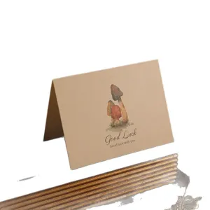 Vintage mushroom illustration folding greeting card for lucky wishes and gratitude.