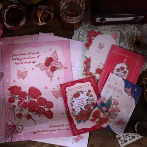 Detail shot of vintage oil painting style letter paper with rose and butterfly motifs