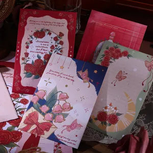 Detailed view of vintage oil painting style stationery set with floral designs and poems.