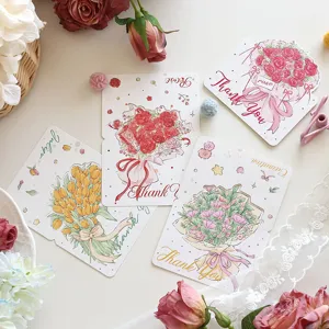 Biglietti d'auguri floreali illustrati a mano con rose e tulipani e scritta Thank You