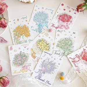 Set di romantici biglietti di ringraziamento con bouquet di fiori per varie occasioni.