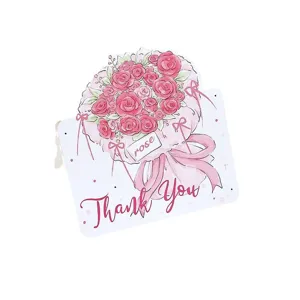 Biglietto d'auguri artistico con bouquet di rose rosa e scritta Thank You su fondo bianco