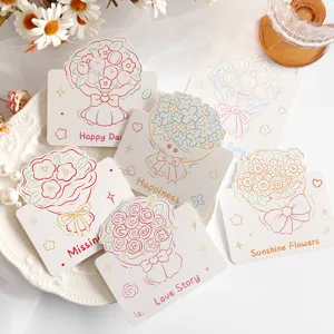 Detailed view of crayon-style floral greeting cards featuring various bouquet designs
