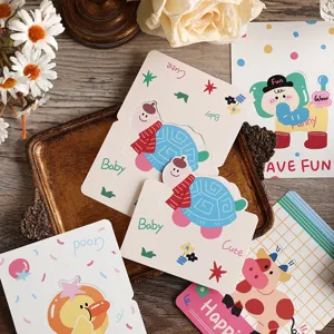 Detailed view of vintage 3D cartoon greeting cards featuring cute turtle and cow designs