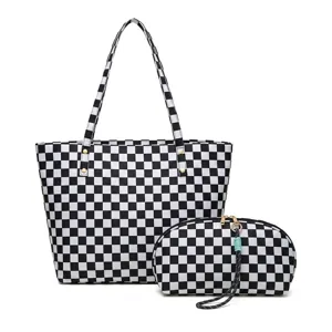 Juego de bolso tote y neceser de cuadros en blanco y negro para viaje y ordenador portátil