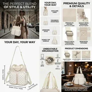 Detalles de un bolso tote beige a cuadros impermeable con multibolsillos y medidas