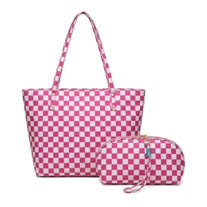 Vista detallada del conjunto de bolsos tote a cuadros rosas y blancos con estuche.