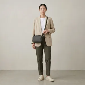 Modelo asiática luciendo un bolso bandolera de cuero negro estilo cámara con doble cremallera.
