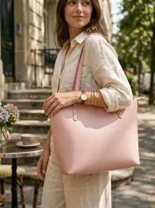 Bolso tote grande de cuero rosa para mujer en un entorno de estilo de vida al aire libre