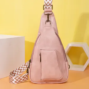 Bolso bandolera vintage de cuero PU rosa para mujer con una correa ancha bordada