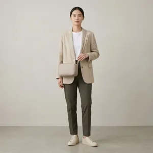 Modelo asiática con un bolso bandolera minimalista de cuero beige con doble cremallera.