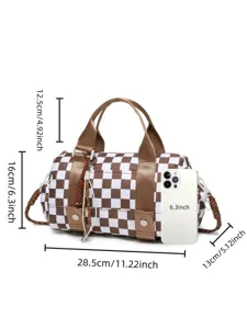 Detailed size chart of the brown checkerboard travel duffel bag showing dimensions