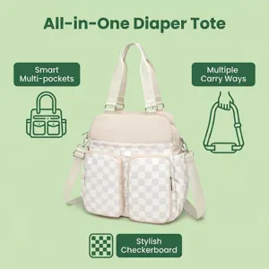 Diseño detallado de la bolsa de pañales a cuadros con bolsillos y modos de transporte