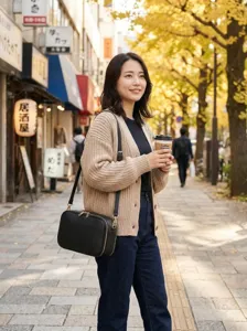 Modelo asiática con un bolso bandolera de cuero negro en una soleada calle de otoño