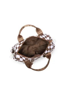 Detailed interior view of a brown checkerboard travel bag with multiple pockets