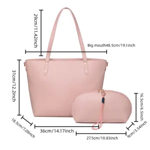 Esquema detallado de dimensiones para el bolso rosa de gran capacidad y su neceser.