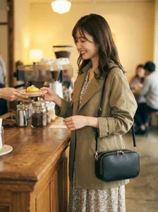 Detalle de estilo de vida de mujer con bolso bandolera de cuero negro en un café acogedor