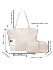 Dimensiones detalladas del bolso tote de cuadros beige y el juego de neceser a juego