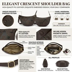 Bolso media luna de piel sintética con grabado paisley, correa ajustable y bolsillos