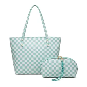 Bolso tote de cuadros verde menta y blanco con bolsa de almacenamiento a juego.