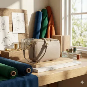 Vista detallada de un bolso de cámara de cuero beige minimalista en un escritorio de diseño
