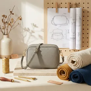 Bolso bandolera de cuero gris en un taller artesanal con bocetos de diseño y tela.