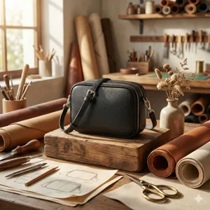 Detalle de bolso bandolera de cuero granulado negro en un taller de cuero artesano