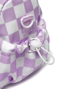 Detail of purple checkered travel bag showing drawstring toggle and D-ring attachment.