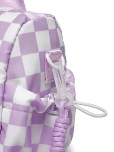 Close-up of purple checkered travel bag detail showing strap hook and elastic drawstring