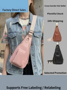 Bolso Bandolera de Pecho Vintage de Cuero PU para Mujer Con Correa Ancha Bordada Geométrica Multibolsillos Retro Street Casual Messenger Bag
