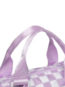 Close-up detail of the durable nylon top handles on a purple checkered travel bag.