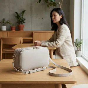 Bolso bandolera minimalista de cuero beige para mujer con doble cremallera dorada