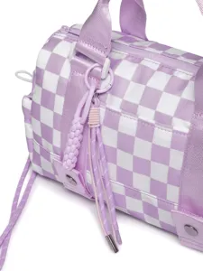 Detail view of purple checkered travel bag showing woven rope tassel and sturdy straps