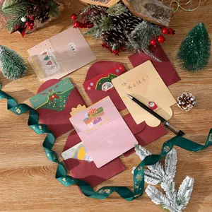 Detailed view of assorted Christmas cards with envelopes and festive decorations.