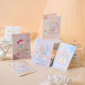 Macro view of various cute cartoon animal greeting cards with pastel animal designs
